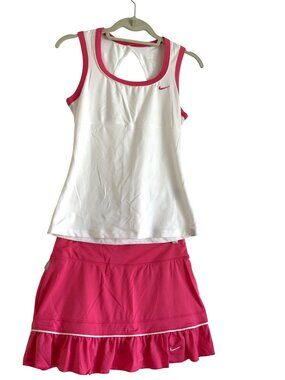 Nike Dri-FIT Womens  tennis/ active set White Tank Top & Pink Ruffle Skirt Set S